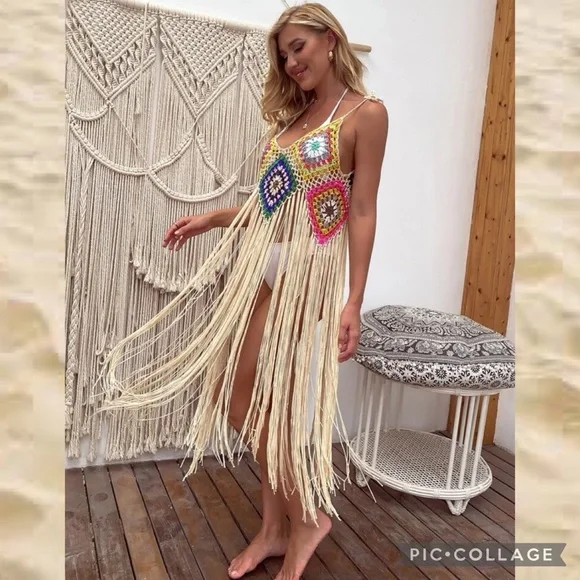 Swim | Western Bohemian Festival Geo Print Crochet Fringe Coverup Top Size  Medium | Poshmark